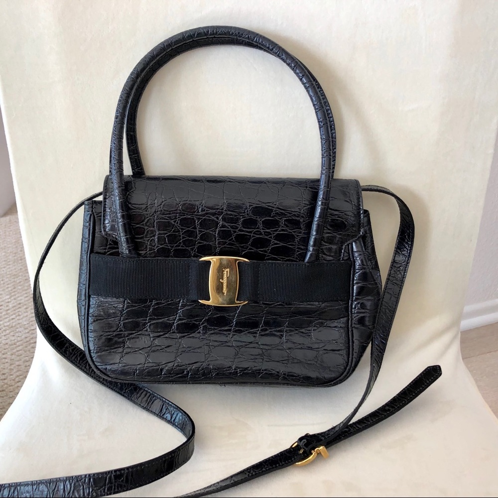 Ferragamo Crocodile Embossed Blk Leather Crossbody